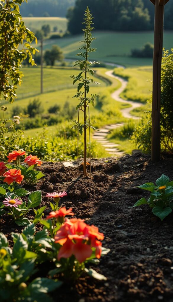 A lush garden bed in soft, warm lighting, with vibrant flowers and foliage in the foreground, surrounded by rich, loamy soil that glistens with moisture. In the middle ground, a young sapling stands tall, supported by a sturdy wooden trellis, casting gentle shadows. The background reveals a serene landscape, with a winding path leading the viewer's eye deeper into the verdant scene. The overall composition evokes a sense of balance, harmony, and the nurturing care required to maintain a thriving garden oasis.