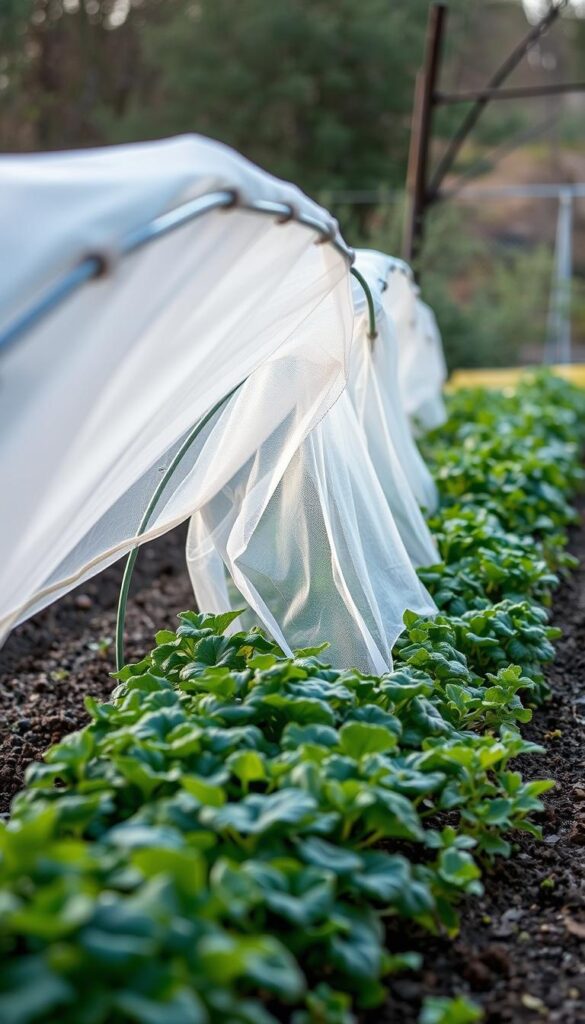 A lush garden bed with a row of low-profile row covers made of lightweight, translucent fabric, gently draped over delicate plants. The covers are secured with sturdy metal or wooden hoops, creating a protective tunnel that shields the foliage from the biting chill of a frosty night. Soft, diffused light filters through the fabric, creating a serene, cozy atmosphere. The scene evokes a sense of care and nurturing, with the row covers acting as a guardian against the harsh elements, allowing the plants to thrive and flourish. The image is captured from a slightly elevated angle, providing a comprehensive view of the carefully tended garden.