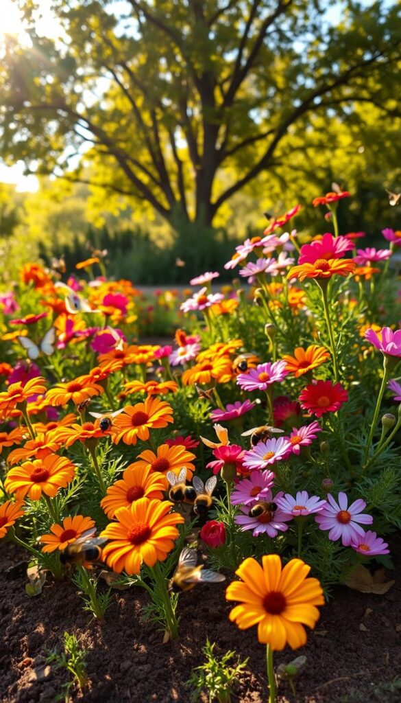 A lush garden bed with a vibrant arrangement of companion flowers, including marigolds, zinnias, and cosmos, thoughtfully placed to attract a diverse array of pollinator insects. The flowers are bathed in warm, golden sunlight, casting gentle shadows on the well-tilled soil. In the foreground, a cluster of bumblebees and butterflies dart from bloom to bloom, their delicate wings fluttering with purpose. The middle ground showcases the varied colors and textures of the companion plantings, creating a visually striking and harmonious composition. In the background, a verdant canopy of trees provides a soothing, natural backdrop, hinting at the wider ecosystem that supports these vital pollinator species. The overall scene radiates a sense of balance, beauty, and the essential connection between plants and the insects that sustain them. A lush garden bed with a vibrant arrangement of companion flowers, including marigolds, zinnias, and cosmos, thoughtfully placed to attract a diverse array of pollinator insects. The flowers are bathed in warm, golden sunlight, casting gentle shadows on the well-tilled soil. In the foreground, a cluster of bumblebees and butterflies dart from bloom to bloom, their delicate wings fluttering with purpose. The middle ground showcases the varied colors and textures of the companion plantings, creating a visually striking and harmonious composition. In the background, a verdant canopy of trees provides a soothing, natural backdrop, hinting at the wider ecosystem that supports these vital pollinator species. The overall scene radiates a sense of balance, beauty, and the essential connection between plants and the insects that sustain them.