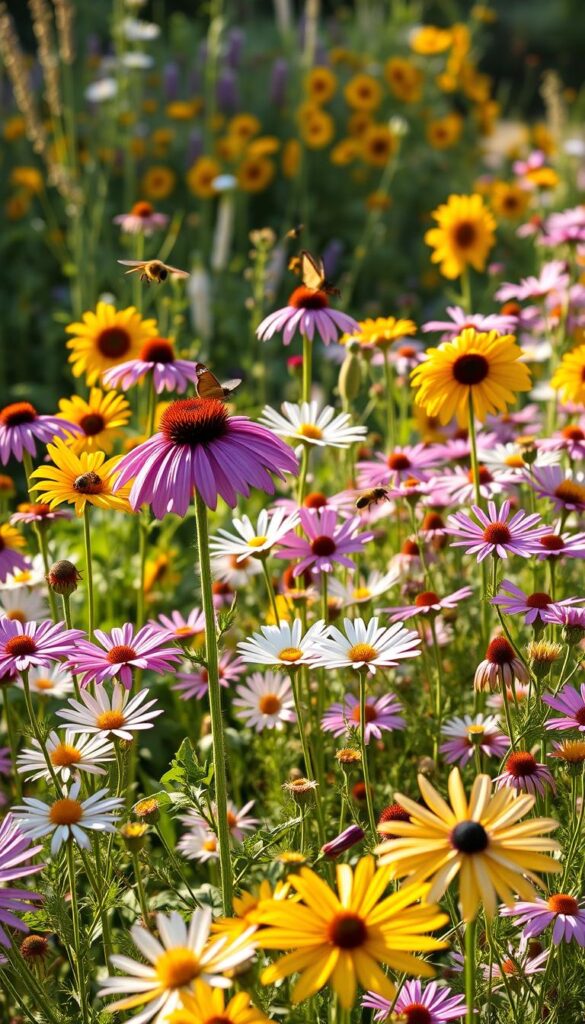 A lush garden filled with late-summer blooms that attract a diverse array of pollinators. In the foreground, vibrant purple coneflowers and golden sunflowers stand tall, their petals radiant under a warm afternoon sun. Amid them, bees and butterflies dart from flower to flower, their delicate wings catching the light. The middle ground showcases clusters of pink and white cosmos, their airy stems swaying gently in a light breeze. In the background, a border of native plants like goldenrod and asters add pops of color, creating a harmonious, natural palette. The scene is bathed in a soft, golden glow, evoking a sense of tranquility and abundance. A lush garden filled with late-summer blooms that attract a diverse array of pollinators. In the foreground, vibrant purple coneflowers and golden sunflowers stand tall, their petals radiant under a warm afternoon sun. Amid them, bees and butterflies dart from flower to flower, their delicate wings catching the light. The middle ground showcases clusters of pink and white cosmos, their airy stems swaying gently in a light breeze. In the background, a border of native plants like goldenrod and asters add pops of color, creating a harmonious, natural palette. The scene is bathed in a soft, golden glow, evoking a sense of tranquility and abundance.