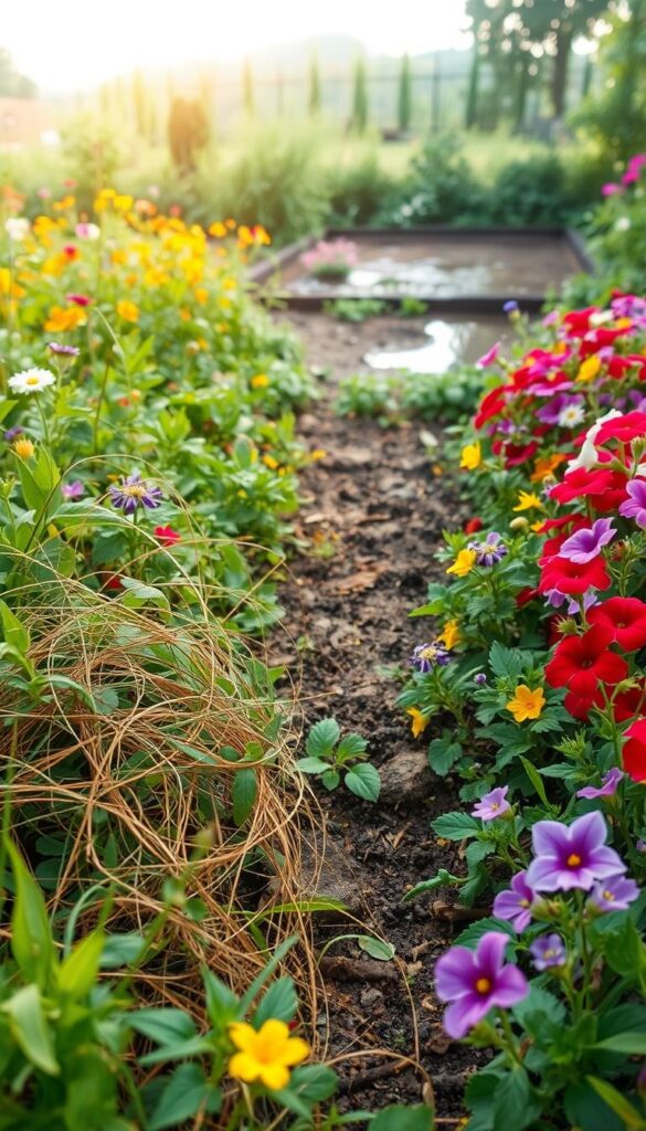 A lush garden filled with vibrant companion flowers, set against a backdrop of common pitfalls to avoid. In the foreground, a tangled web of weeds and overgrowth threatens to choke delicate blooms. Mid-frame, a neglected patch of soil lies barren, a cautionary tale of poor soil preparation. In the distance, a waterlogged area collects stagnant pools, a breeding ground for pests and disease. Soft, diffused lighting casts an ethereal glow, heightening the sense of balance and harmony sought in the ideal companion flower planting. Captured with a wide-angle lens to emphasize the interconnectedness of these elements, this image serves as a visual guide to the common challenges gardeners must navigate for a thriving, harmonious floral landscape. A lush garden filled with vibrant companion flowers, set against a backdrop of common pitfalls to avoid. In the foreground, a tangled web of weeds and overgrowth threatens to choke delicate blooms. Mid-frame, a neglected patch of soil lies barren, a cautionary tale of poor soil preparation. In the distance, a waterlogged area collects stagnant pools, a breeding ground for pests and disease. Soft, diffused lighting casts an ethereal glow, heightening the sense of balance and harmony sought in the ideal companion flower planting. Captured with a wide-angle lens to emphasize the interconnectedness of these elements, this image serves as a visual guide to the common challenges gardeners must navigate for a thriving, harmonious floral landscape.