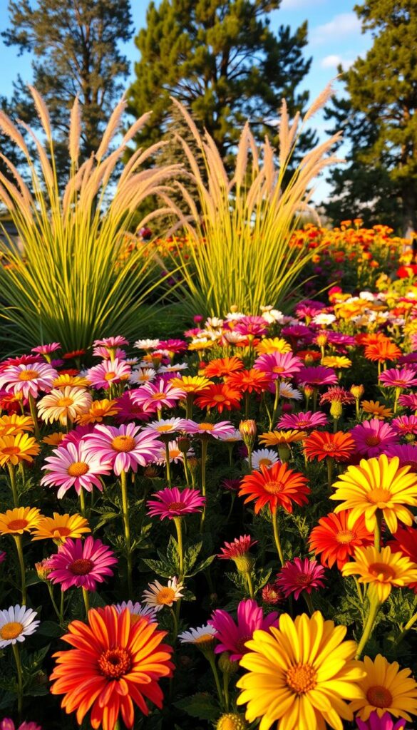 A lush garden filled with vibrant perennial flowers, their petals shimmering in the golden hour light. In the foreground, a mix of colorful blooms - cheerful daisies, bold zinnias, and delicate peonies. The middle ground features graceful, swaying grasses and the structured silhouettes of autumn-hued chrysanthemums. In the background, a soft focus of mature trees and a cloudless blue sky, creating a sense of depth and tranquility. The overall composition evokes the gentle transition into the winter months, with a warm, inviting atmosphere perfect for cozy garden preparations. A lush garden filled with vibrant perennial flowers, their petals shimmering in the golden hour light. In the foreground, a mix of colorful blooms - cheerful daisies, bold zinnias, and delicate peonies. The middle ground features graceful, swaying grasses and the structured silhouettes of autumn-hued chrysanthemums. In the background, a soft focus of mature trees and a cloudless blue sky, creating a sense of depth and tranquility. The overall composition evokes the gentle transition into the winter months, with a warm, inviting atmosphere perfect for cozy garden preparations.