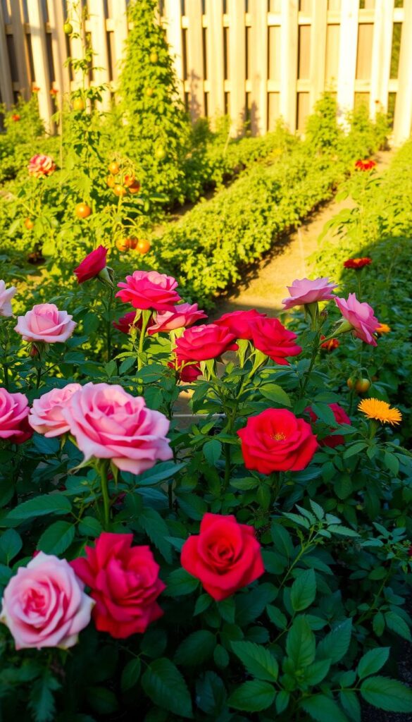 A lush garden filled with vibrant roses and flourishing tomato plants, bathed in warm afternoon sunlight. In the foreground, the roses bloom in a variety of hues, their velvety petals catching the light. Intertwined with the roses, the tomato plants stand tall, their green foliage and clusters of ripening fruit creating a harmonious contrast. The middle ground reveals a well-tended vegetable patch, with rows of thriving tomato plants and the occasional marigold adding pops of color. In the background, a wooden fence frames the scene, giving a sense of cozy enclosure. The overall atmosphere is one of abundance, vitality, and the natural beauty of a well-maintained garden. A lush garden filled with vibrant roses and flourishing tomato plants, bathed in warm afternoon sunlight. In the foreground, the roses bloom in a variety of hues, their velvety petals catching the light. Intertwined with the roses, the tomato plants stand tall, their green foliage and clusters of ripening fruit creating a harmonious contrast. The middle ground reveals a well-tended vegetable patch, with rows of thriving tomato plants and the occasional marigold adding pops of color. In the background, a wooden fence frames the scene, giving a sense of cozy enclosure. The overall atmosphere is one of abundance, vitality, and the natural beauty of a well-maintained garden.