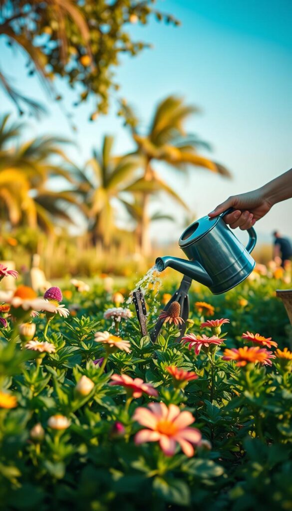 A lush garden in soft, warm lighting. In the foreground, a variety of thriving flowers and plants are being gently watered by a gardener's hands. The middle ground features a sturdy watering can and gardening tools, reflecting the seasonal nature of the task. In the background, a tranquil scene of swaying trees and a clear blue sky, suggesting the ideal weather conditions for this watering session. The overall mood is one of peaceful productivity, highlighting the importance of attentive, timely watering for the health and longevity of the garden. A lush garden in soft, warm lighting. In the foreground, a variety of thriving flowers and plants are being gently watered by a gardener's hands. The middle ground features a sturdy watering can and gardening tools, reflecting the seasonal nature of the task. In the background, a tranquil scene of swaying trees and a clear blue sky, suggesting the ideal weather conditions for this watering session. The overall mood is one of peaceful productivity, highlighting the importance of attentive, timely watering for the health and longevity of the garden.