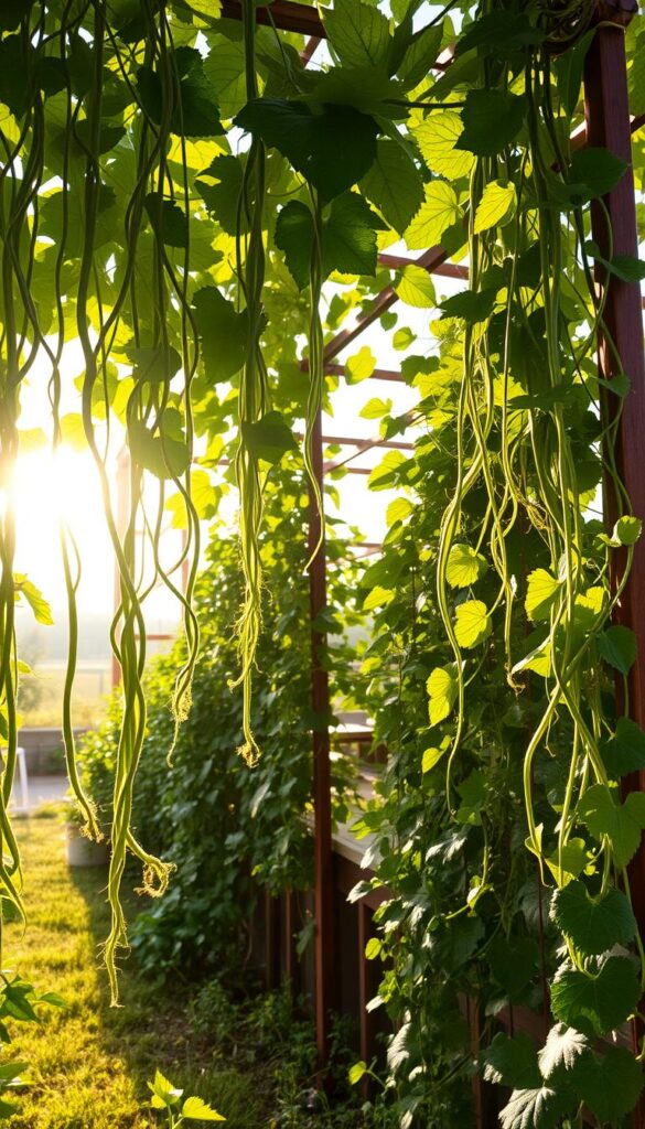 A lush garden oasis, verdant vines cascade down trellises, their tendrils entwining gracefully. Sunlight filters through the foliage, casting a warm, golden glow upon the scene. In the foreground, thick, green stems climb upward, their leaves rustling gently in the breeze. The middle ground reveals a carefully curated arrangement of climbing plants, their vines winding their way up sturdy supports, ready to provide ample cover and shade. In the background, a tranquil scene unfolds, hinting at the boundless potential of this verdant haven. Captured with a wide-angle lens, this image showcases the harmonious integration of vertical gardening, inviting the viewer to envision the possibilities of growing cucumbers and other climbing vegetables in a limited space. A lush garden oasis, verdant vines cascade down trellises, their tendrils entwining gracefully. Sunlight filters through the foliage, casting a warm, golden glow upon the scene. In the foreground, thick, green stems climb upward, their leaves rustling gently in the breeze. The middle ground reveals a carefully curated arrangement of climbing plants, their vines winding their way up sturdy supports, ready to provide ample cover and shade. In the background, a tranquil scene unfolds, hinting at the boundless potential of this verdant haven. Captured with a wide-angle lens, this image showcases the harmonious integration of vertical gardening, inviting the viewer to envision the possibilities of growing cucumbers and other climbing vegetables in a limited space.