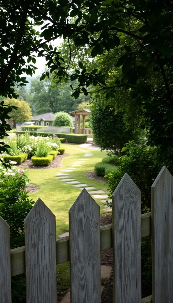 A lush garden oasis with a wooden fence in the foreground, its planks weathered and textured, inviting exploration. The fence frames a tranquil scene - a meandering path leads the eye into a verdant landscape, dotted with blooming flowers and neatly trimmed shrubs. Soft, diffused sunlight filters through the foliage, casting gentle shadows and lending an air of serene contemplation. In the distance, a quaint garden shed or arbor emerges, hinting at the functional yet charming elements a fence can provide. The overall composition suggests a sense of welcoming, guiding the viewer to ponder the versatile role a fence can play in enhancing both the aesthetic and practical aspects of a thriving garden space.