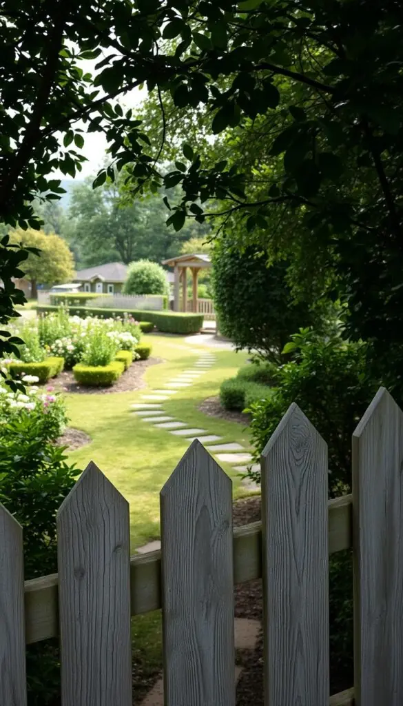 A lush garden oasis with a wooden fence in the foreground, its planks weathered and textured, inviting exploration. The fence frames a tranquil scene - a meandering path leads the eye into a verdant landscape, dotted with blooming flowers and neatly trimmed shrubs. Soft, diffused sunlight filters through the foliage, casting gentle shadows and lending an air of serene contemplation. In the distance, a quaint garden shed or arbor emerges, hinting at the functional yet charming elements a fence can provide. The overall composition suggests a sense of welcoming, guiding the viewer to ponder the versatile role a fence can play in enhancing both the aesthetic and practical aspects of a thriving garden space.