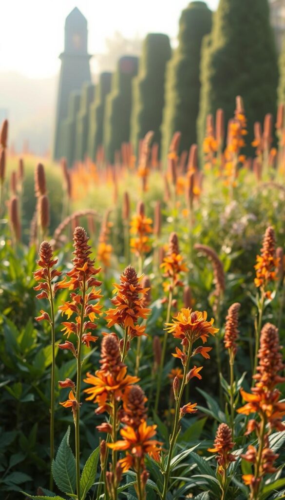 A lush garden of resilient perennials, their verdant foliage and vibrant blooms commanding attention. In the foreground, clusters of sturdy, upright stems adorned with delicate petals in a spectrum of fall hues - russet, amber, and ochre. Midground, towering architectural forms with strong silhouettes, their textures lending depth and visual interest. The background filled with a soft, hazy blur, drawing the eye to the captivating focal point. Warm, golden lighting casts a gentle glow, accentuating the plants' inherent beauty and natural elegance. A harmonious composition that captures the essence of perennials with structure and staying power. A lush garden of resilient perennials, their verdant foliage and vibrant blooms commanding attention. In the foreground, clusters of sturdy, upright stems adorned with delicate petals in a spectrum of fall hues - russet, amber, and ochre. Midground, towering architectural forms with strong silhouettes, their textures lending depth and visual interest. The background filled with a soft, hazy blur, drawing the eye to the captivating focal point. Warm, golden lighting casts a gentle glow, accentuating the plants' inherent beauty and natural elegance. A harmonious composition that captures the essence of perennials with structure and staying power.