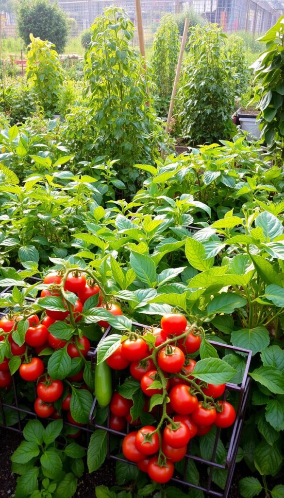 A lush garden overflowing with a variety of vegetables, herbs, and greenery. In the foreground, a cluster of tomato plants, their vines winding up sturdy cages, with ripe red fruits peeking through the leaves. Surrounding them, a mix of leafy greens, such as kale and Swiss chard, their broad leaves creating a tapestry of textures and shades of green. In the middle ground, tall, bushy basil plants sway gently, their fragrant aroma wafting through the scene. Further back, the background is filled with a diverse assortment of other vegetables, including zucchini, eggplants, and peppers, all at different stages of growth, creating a sense of abundance and vitality. The lighting is soft and diffused, casting a warm, golden glow over the entire composition, evoking a sense of tranquility and harmony. A lush garden overflowing with a variety of vegetables, herbs, and greenery. In the foreground, a cluster of tomato plants, their vines winding up sturdy cages, with ripe red fruits peeking through the leaves. Surrounding them, a mix of leafy greens, such as kale and Swiss chard, their broad leaves creating a tapestry of textures and shades of green. In the middle ground, tall, bushy basil plants sway gently, their fragrant aroma wafting through the scene. Further back, the background is filled with a diverse assortment of other vegetables, including zucchini, eggplants, and peppers, all at different stages of growth, creating a sense of abundance and vitality. The lighting is soft and diffused, casting a warm, golden glow over the entire composition, evoking a sense of tranquility and harmony.