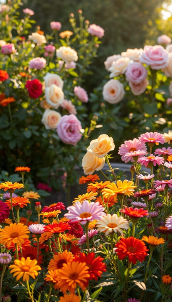 A lush garden scene of vibrant annuals and elegant roses, bathed in warm, golden sunlight. In the foreground, a mix of colorful annuals such as marigolds, zinnias, and cosmos, their petals gently swaying. In the middle ground, stunning rose bushes in full bloom, their velvety petals unfurling against a backdrop of verdant foliage. The lighting is soft and diffused, casting a gentle glow on the scene, creating a sense of tranquility and natural beauty. The camera angle is slightly elevated, allowing for a sweeping view of the harmonious arrangement, showcasing the complementary colors and textures of the plants.
