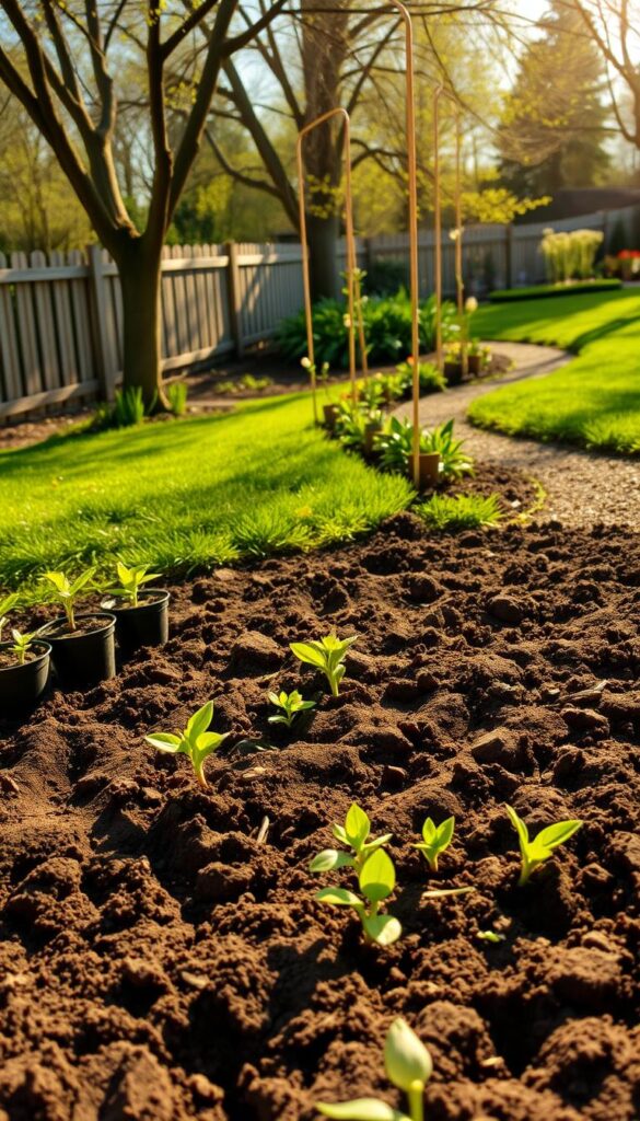 A lush garden scene on a sunny spring day, with a well-tilled flower bed in the foreground. The soil is freshly turned, ready for planting, with small divots and furrows carved into the earth. Nearby, a collection of small potted seedlings and bulbs await their new home, their green leaves and tender stems casting soft shadows. The middle ground features a winding garden path, lined with vibrant green foliage and the occasional blooming flower. In the background, a wooden fence partially obscures a neatly trimmed lawn and a few towering trees, their branches swaying gently in a light breeze. Warm, golden light filters through the scene, casting a welcoming, serene atmosphere. A lush garden scene on a sunny spring day, with a well-tilled flower bed in the foreground. The soil is freshly turned, ready for planting, with small divots and furrows carved into the earth. Nearby, a collection of small potted seedlings and bulbs await their new home, their green leaves and tender stems casting soft shadows. The middle ground features a winding garden path, lined with vibrant green foliage and the occasional blooming flower. In the background, a wooden fence partially obscures a neatly trimmed lawn and a few towering trees, their branches swaying gently in a light breeze. Warm, golden light filters through the scene, casting a welcoming, serene atmosphere.