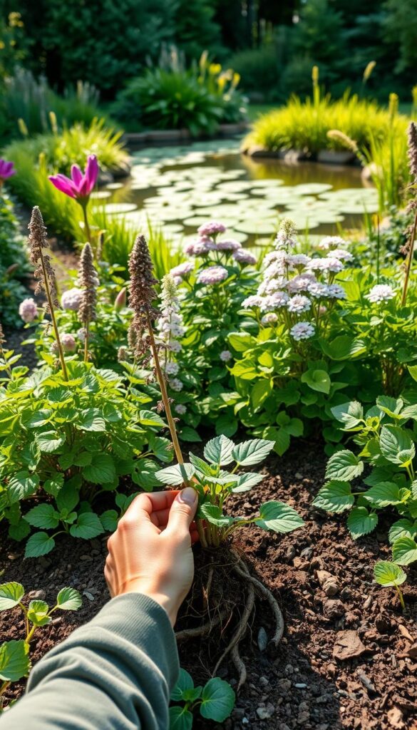 A lush garden scene showcasing the aftercare of divided perennials. In the foreground, a gardener's hands gently replants a freshly divided perennial, its roots cradled in nutrient-rich soil. The middle ground features a selection of thriving, well-established perennials in various stages of growth, their vibrant foliage and delicate blooms creating a natural tapestry. The background depicts a serene, sun-dappled garden, with a tranquil pond reflecting the surrounding greenery. Soft, diffused lighting casts a warm, inviting glow over the entire scene, evoking a sense of calm and nurturing care. The composition is balanced, with a focus on the replanting process and the overall health and vitality of the perennial plants.