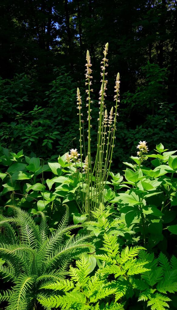 A lush garden scene with a dappled light effect, showcasing a variety of leafy plants in partial shade. The foreground features a mix of fern-like fronds, broad-leaved foliage, and textured undergrowth. The middle ground displays a cluster of tall, slender stems with delicate blooms reaching towards the soft, filtered sunlight filtering through the canopy above. The background is a dense, verdant backdrop of shadowy trees, creating a serene, calming atmosphere. The lighting is natural, with subtle highlights and shadows accentuating the depth and dimensionality of the scene. Capture the essence of a tranquil, shaded oasis where a variety of shade-loving plants can thrive.