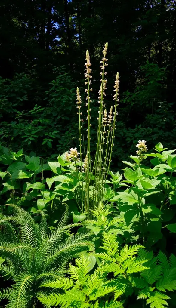 A lush garden scene with a dappled light effect, showcasing a variety of leafy plants in partial shade. The foreground features a mix of fern-like fronds, broad-leaved foliage, and textured undergrowth. The middle ground displays a cluster of tall, slender stems with delicate blooms reaching towards the soft, filtered sunlight filtering through the canopy above. The background is a dense, verdant backdrop of shadowy trees, creating a serene, calming atmosphere. The lighting is natural, with subtle highlights and shadows accentuating the depth and dimensionality of the scene. Capture the essence of a tranquil, shaded oasis where a variety of shade-loving plants can thrive. A lush garden scene with a dappled light effect, showcasing a variety of leafy plants in partial shade. The foreground features a mix of fern-like fronds, broad-leaved foliage, and textured undergrowth. The middle ground displays a cluster of tall, slender stems with delicate blooms reaching towards the soft, filtered sunlight filtering through the canopy above. The background is a dense, verdant backdrop of shadowy trees, creating a serene, calming atmosphere. The lighting is natural, with subtle highlights and shadows accentuating the depth and dimensionality of the scene. Capture the essence of a tranquil, shaded oasis where a variety of shade-loving plants can thrive.