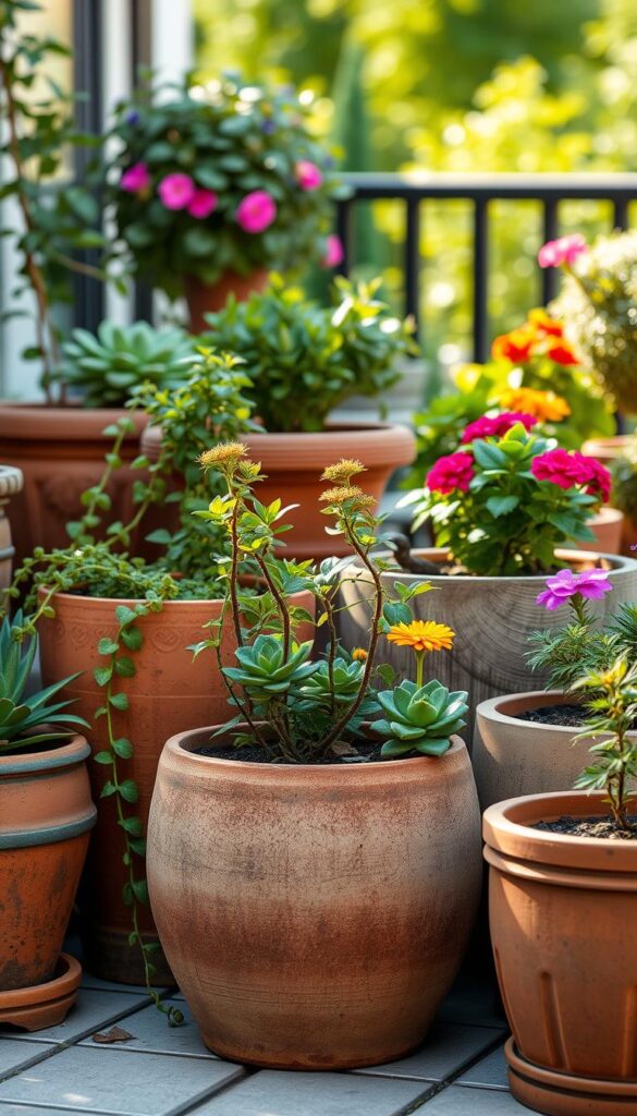 A lush garden setting with a variety of terracotta, ceramic, and wooden planters arranged in a visually appealing layout. The planters are filled with thriving greenery, including potted succulents, trailing vines, and vibrant flowering plants. Soft, natural lighting illuminates the scene, casting warm shadows and highlights on the textured planter surfaces. The planters are positioned at different heights and angles, creating a visually dynamic and harmonious composition. The background features a blurred, out-of-focus view of a tranquil outdoor environment, such as a patio, balcony, or garden, to emphasize the focal point of the planters. A lush garden setting with a variety of terracotta, ceramic, and wooden planters arranged in a visually appealing layout. The planters are filled with thriving greenery, including potted succulents, trailing vines, and vibrant flowering plants. Soft, natural lighting illuminates the scene, casting warm shadows and highlights on the textured planter surfaces. The planters are positioned at different heights and angles, creating a visually dynamic and harmonious composition. The background features a blurred, out-of-focus view of a tranquil outdoor environment, such as a patio, balcony, or garden, to emphasize the focal point of the planters.