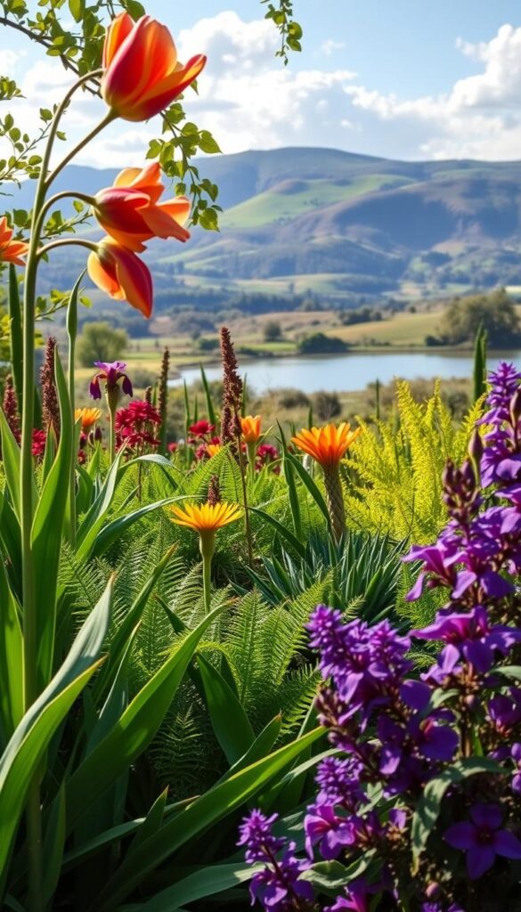 A lush garden showcasing an array of plants thriving in their respective climate zones. In the foreground, vibrant flowers like tulips and irises sway gently in the soft, natural light. Midsection features diverse foliage plants - ferns, succulents, and leafy greens - each adapted to their unique growing conditions. The background depicts a scenic vista, with rolling hills and a tranquil pond reflecting the cloudless sky. The overall composition conveys a harmonious balance between the flora and their ideal environments, inspiring viewers to cultivate plants well-suited to their local climates. A lush garden showcasing an array of plants thriving in their respective climate zones. In the foreground, vibrant flowers like tulips and irises sway gently in the soft, natural light. Midsection features diverse foliage plants - ferns, succulents, and leafy greens - each adapted to their unique growing conditions. The background depicts a scenic vista, with rolling hills and a tranquil pond reflecting the cloudless sky. The overall composition conveys a harmonious balance between the flora and their ideal environments, inspiring viewers to cultivate plants well-suited to their local climates.
