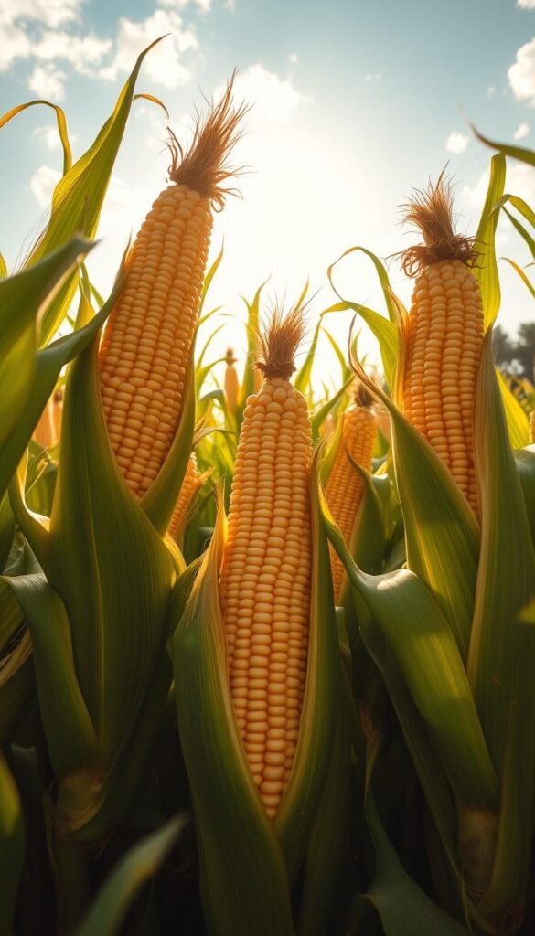 A lush, golden field of ripe corn stalks under a warm, sun-dappled sky. The ears protrude from the husks, their kernels in the perfect stage of milk line development, ready for the ideal harvest. The scene is captured from a low angle, emphasizing the towering stalks and emphasizing the bountiful yield. Soft, diffuse lighting casts gentle shadows, creating a serene, inviting atmosphere. The composition is balanced, with the central focus on the mature, succulent corn ears, surrounded by verdant foliage and a hint of distant trees in the background. An image that celebrates the abundance and timing of a summer corn harvest. A lush, golden field of ripe corn stalks under a warm, sun-dappled sky. The ears protrude from the husks, their kernels in the perfect stage of milk line development, ready for the ideal harvest. The scene is captured from a low angle, emphasizing the towering stalks and emphasizing the bountiful yield. Soft, diffuse lighting casts gentle shadows, creating a serene, inviting atmosphere. The composition is balanced, with the central focus on the mature, succulent corn ears, surrounded by verdant foliage and a hint of distant trees in the background. An image that celebrates the abundance and timing of a summer corn harvest.