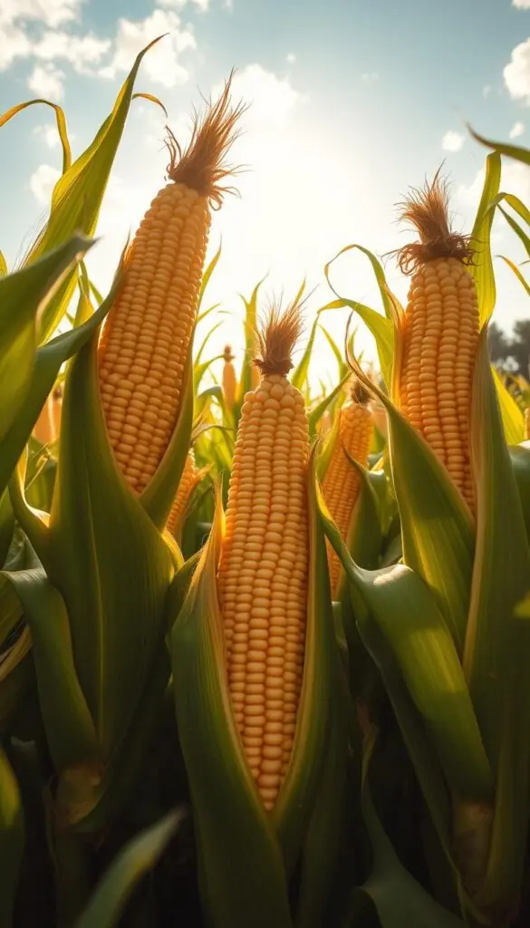 A lush, golden field of ripe corn stalks under a warm, sun-dappled sky. The ears protrude from the husks, their kernels in the perfect stage of milk line development, ready for the ideal harvest. The scene is captured from a low angle, emphasizing the towering stalks and emphasizing the bountiful yield. Soft, diffuse lighting casts gentle shadows, creating a serene, inviting atmosphere. The composition is balanced, with the central focus on the mature, succulent corn ears, surrounded by verdant foliage and a hint of distant trees in the background. An image that celebrates the abundance and timing of a summer corn harvest. A lush, golden field of ripe corn stalks under a warm, sun-dappled sky. The ears protrude from the husks, their kernels in the perfect stage of milk line development, ready for the ideal harvest. The scene is captured from a low angle, emphasizing the towering stalks and emphasizing the bountiful yield. Soft, diffuse lighting casts gentle shadows, creating a serene, inviting atmosphere. The composition is balanced, with the central focus on the mature, succulent corn ears, surrounded by verdant foliage and a hint of distant trees in the background. An image that celebrates the abundance and timing of a summer corn harvest.
