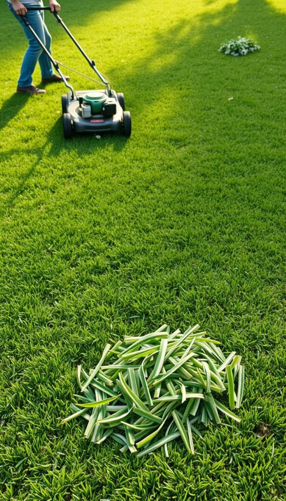 A lush green lawn, freshly mowed, with several common mistakes clearly depicted. In the foreground, a person mowing over a flower bed, shredding delicate blooms. In the middle ground, uneven patterns from mowing in random directions, leaving unsightly lines. In the background, a pile of grass clippings left in thick, unsightly clumps on the lawn. Soft, natural lighting illuminates the scene, capturing the texture of the grass and the details of the mistakes. A wide, cinematic angle provides a comprehensive view of the common first-mow blunders to avoid. A lush green lawn, freshly mowed, with several common mistakes clearly depicted. In the foreground, a person mowing over a flower bed, shredding delicate blooms. In the middle ground, uneven patterns from mowing in random directions, leaving unsightly lines. In the background, a pile of grass clippings left in thick, unsightly clumps on the lawn. Soft, natural lighting illuminates the scene, capturing the texture of the grass and the details of the mistakes. A wide, cinematic angle provides a comprehensive view of the common first-mow blunders to avoid.