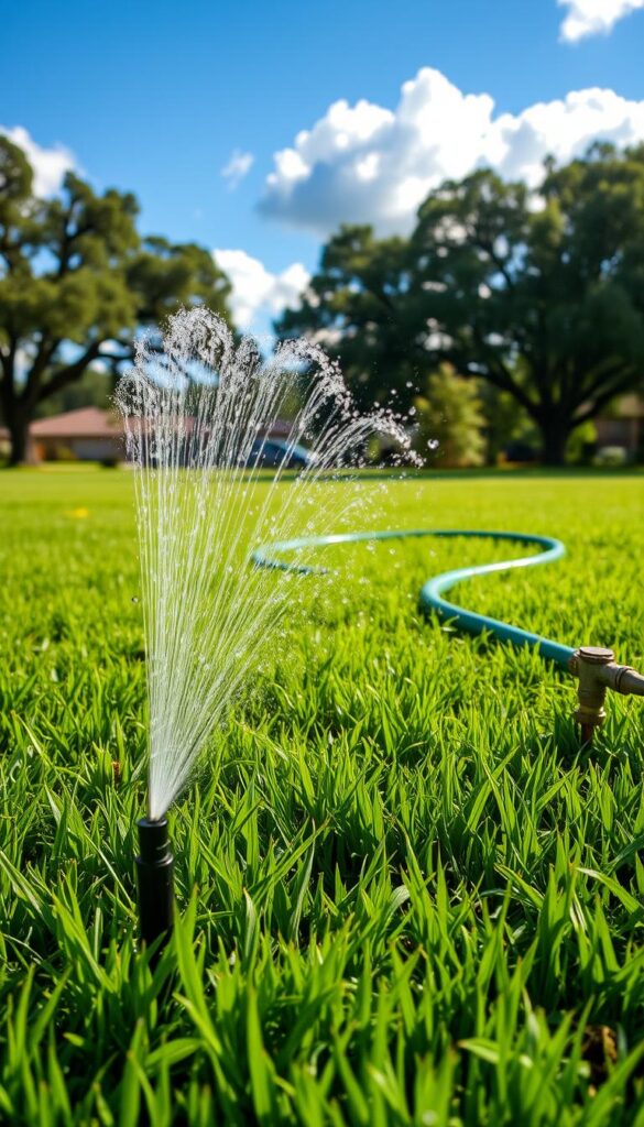 A lush green lawn, gently swaying in the warm summer breeze, its blades glistening with water droplets. The foreground features a sprinkler system in action, its arcing spray creating a mesmerizing pattern across the grass. In the middle ground, a well-maintained garden hose snakes across the lawn, connected to a sturdy spigot. The background showcases a tranquil suburban setting, with towering oak trees and a clear blue sky dotted with fluffy white clouds. Soft, diffused lighting casts a natural, inviting glow over the scene, capturing the essence of effective watering during high heat to maintain a healthy, vibrant lawn. A lush green lawn, gently swaying in the warm summer breeze, its blades glistening with water droplets. The foreground features a sprinkler system in action, its arcing spray creating a mesmerizing pattern across the grass. In the middle ground, a well-maintained garden hose snakes across the lawn, connected to a sturdy spigot. The background showcases a tranquil suburban setting, with towering oak trees and a clear blue sky dotted with fluffy white clouds. Soft, diffused lighting casts a natural, inviting glow over the scene, capturing the essence of effective watering during high heat to maintain a healthy, vibrant lawn.