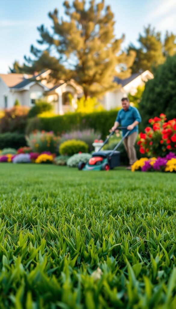 A lush green lawn in the foreground, with vibrant seasonal flowers and shrubs dotting the landscape. In the middle ground, a homeowner diligently tending to the lawn, using a push mower with a thoughtful expression. The background features a picturesque suburban setting, with a clear blue sky and the warm glow of the sun filtering through. Ambient lighting creates a natural, inviting atmosphere, highlighting the seasonal garden details. The composition captures the essence of a well-maintained, thriving lawn that is the result of a carefully planned seasonal care routine. A lush green lawn in the foreground, with vibrant seasonal flowers and shrubs dotting the landscape. In the middle ground, a homeowner diligently tending to the lawn, using a push mower with a thoughtful expression. The background features a picturesque suburban setting, with a clear blue sky and the warm glow of the sun filtering through. Ambient lighting creates a natural, inviting atmosphere, highlighting the seasonal garden details. The composition captures the essence of a well-maintained, thriving lawn that is the result of a carefully planned seasonal care routine.