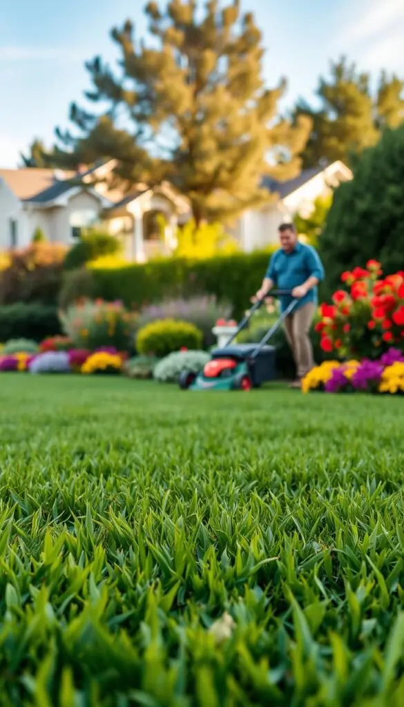 A lush green lawn in the foreground, with vibrant seasonal flowers and shrubs dotting the landscape. In the middle ground, a homeowner diligently tending to the lawn, using a push mower with a thoughtful expression. The background features a picturesque suburban setting, with a clear blue sky and the warm glow of the sun filtering through. Ambient lighting creates a natural, inviting atmosphere, highlighting the seasonal garden details. The composition captures the essence of a well-maintained, thriving lawn that is the result of a carefully planned seasonal care routine.