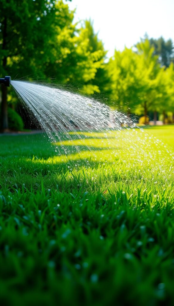A lush, green lawn on a sunny summer day, with a person gently watering the grass using a traditional sprinkler system. The sprinkler head rotates, casting a shimmering spray of water that cascades across the lawn in a mesmerizing pattern. The light filters through the water droplets, creating a soft, diffused glow. In the background, a row of verdant trees sway gently in the warm breeze, providing a natural backdrop. The scene conveys a sense of tranquility and the importance of proper watering techniques during the heat of summer to maintain a healthy, vibrant lawn. A lush, green lawn on a sunny summer day, with a person gently watering the grass using a traditional sprinkler system. The sprinkler head rotates, casting a shimmering spray of water that cascades across the lawn in a mesmerizing pattern. The light filters through the water droplets, creating a soft, diffused glow. In the background, a row of verdant trees sway gently in the warm breeze, providing a natural backdrop. The scene conveys a sense of tranquility and the importance of proper watering techniques during the heat of summer to maintain a healthy, vibrant lawn.