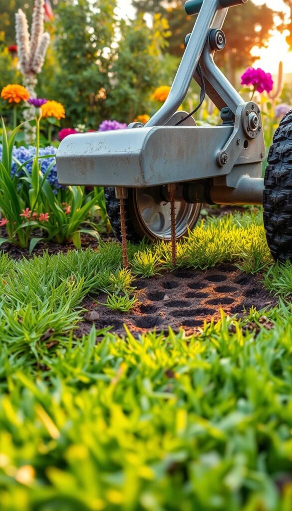 A lush, green lawn surrounded by a vibrant garden, the ground undergoing a process of core aeration. In the foreground, a specialized core aerator machine with metal tines puncturing the soil, creating small holes to allow air, water and nutrients to reach the grass roots. The middle ground showcases the lawn's texture, revealing the aerated soil with its distinct pattern of holes. In the background, a warm, golden hour lighting casts a soft, natural glow over the scene, creating a serene and rejuvenating atmosphere. The image conveys the importance of core aeration in improving the health and vitality of a clay soil lawn.