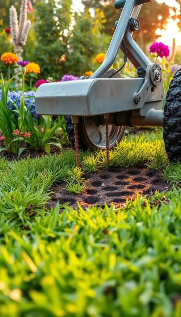 A lush, green lawn surrounded by a vibrant garden, the ground undergoing a process of core aeration. In the foreground, a specialized core aerator machine with metal tines puncturing the soil, creating small holes to allow air, water and nutrients to reach the grass roots. The middle ground showcases the lawn's texture, revealing the aerated soil with its distinct pattern of holes. In the background, a warm, golden hour lighting casts a soft, natural glow over the scene, creating a serene and rejuvenating atmosphere. The image conveys the importance of core aeration in improving the health and vitality of a clay soil lawn. A lush, green lawn surrounded by a vibrant garden, the ground undergoing a process of core aeration. In the foreground, a specialized core aerator machine with metal tines puncturing the soil, creating small holes to allow air, water and nutrients to reach the grass roots. The middle ground showcases the lawn's texture, revealing the aerated soil with its distinct pattern of holes. In the background, a warm, golden hour lighting casts a soft, natural glow over the scene, creating a serene and rejuvenating atmosphere. The image conveys the importance of core aeration in improving the health and vitality of a clay soil lawn.