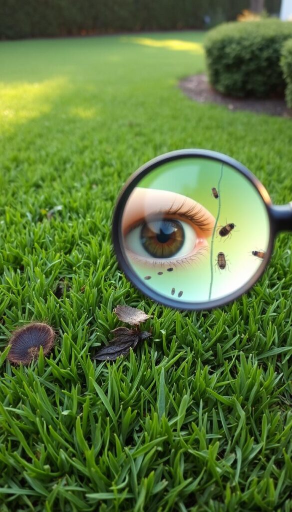 A lush green lawn takes center stage, its surface dotted with various anomalies. In the foreground, a discerning eye examines a section of the grass, identifying discolored patches, irregular growth patterns, and potential pest infestations. The middle ground reveals a magnifying glass, a tool for closer inspection, casting a warm, natural light across the scene. In the background, a well-manicured lawn stretches out, serving as a backdrop to highlight the areas in need of attention. The overall atmosphere conveys a sense of careful observation, problem-solving, and a desire to maintain a healthy, thriving lawn.