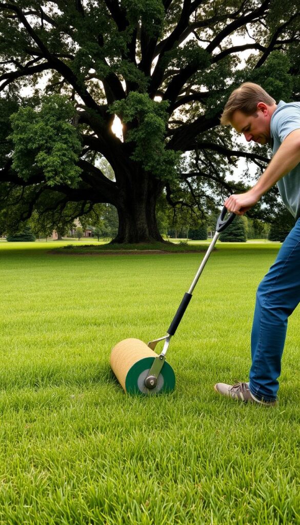 A lush green lawn, the sun filtering through the leaves of a towering oak tree. In the foreground, a person stands, grasping the handle of a heavy, metal lawn roller. Their brow is furrowed in concentration as they push the roller across the grass, meticulously flattening and smoothing the surface. The roller leaves behind a trail of neatly groomed turf, the blades of grass glistening with morning dew. The scene conveys a sense of purposeful, methodical care, the user working diligently to ensure a healthy, even lawn. Soft, diffused lighting from the overcast sky casts a warm, natural glow over the entire tableau.