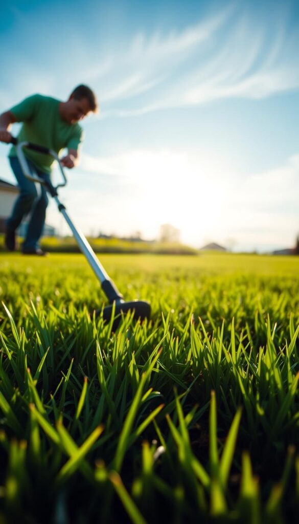 A lush green lawn, the sun's warm rays casting a gentle glow, highlighting the vibrant blades of grass. In the foreground, a serene scene of a homeowner meticulously aerating their lawn with a manual core aerator, the soil loosening and exposing the roots to vital air and nutrients. In the background, a clear blue sky with wispy clouds, conveying a sense of tranquility and the perfect time to undertake this essential lawn care task. The image should evoke a feeling of the optimal seasonal conditions and the right grass type for the most effective lawn aeration.