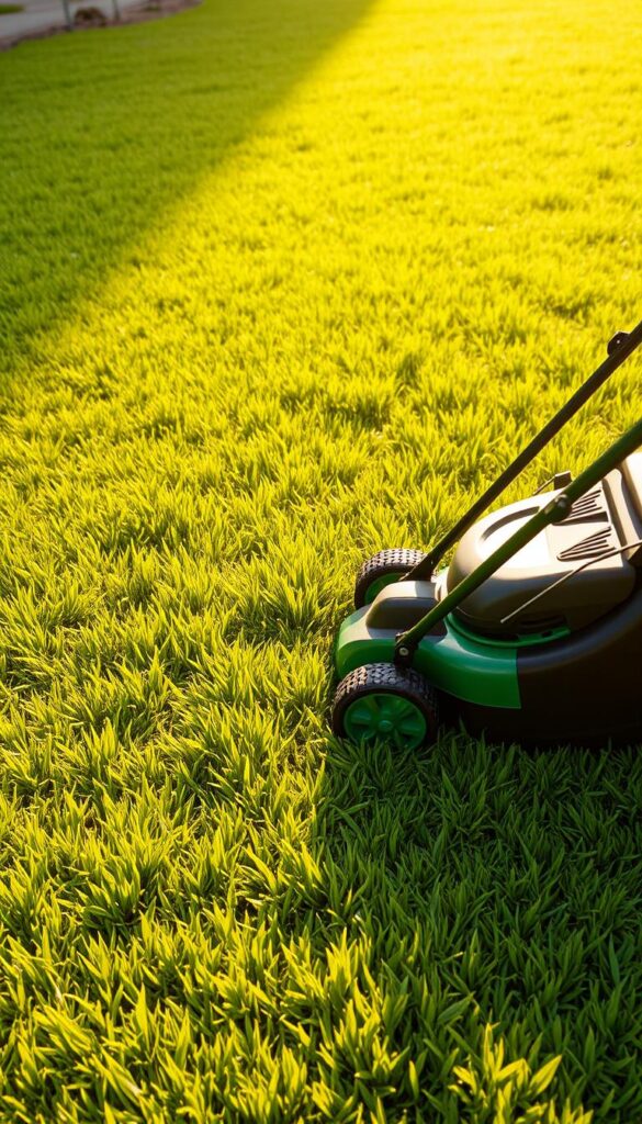 A lush green lawn under a warm, golden afternoon sun. In the foreground, a person gently guides a well-maintained lawn mower, its sharp blades effortlessly slicing through the thick, verdant grass. The mower leaves behind a neatly trimmed, uniform surface, creating a sense of order and pride in the homeowner's work. The middle ground showcases the vibrant, healthy grass, each blade standing tall and proud. In the background, the edges of the lawn are clearly defined, with a pristine, manicured border. The overall scene conveys a serene, satisfying experience of effortless lawn maintenance, perfect for a new homeowner looking to achieve the ultimate lush, manicured lawn.