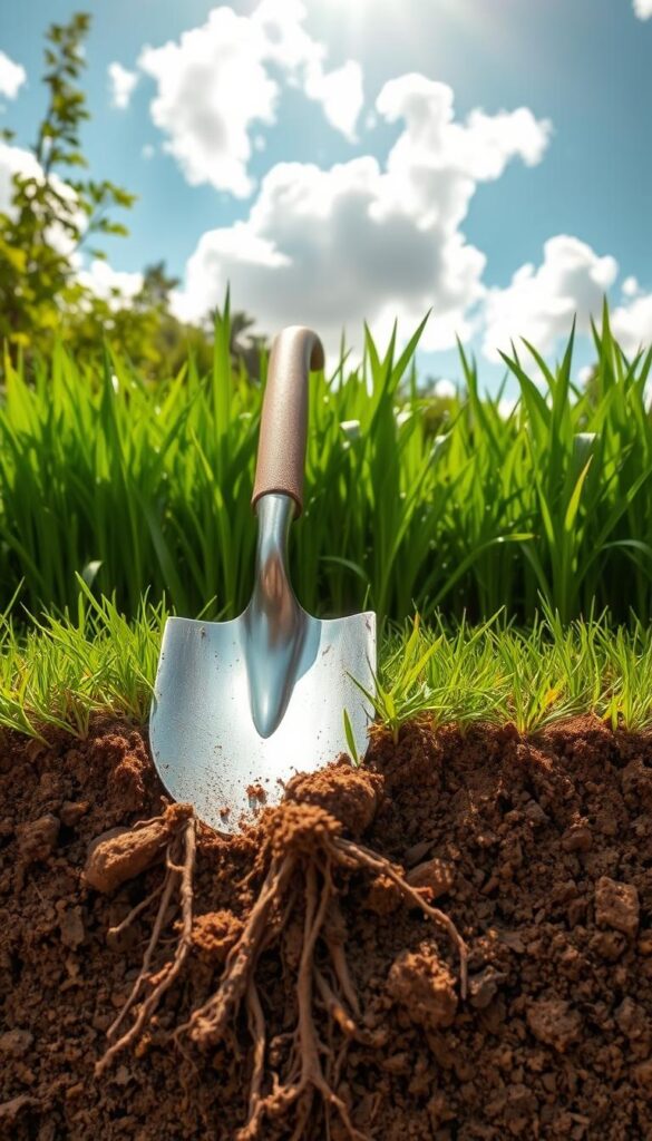 A lush green lawn with deep, healthy soil structure. Roots penetrate the ground, interlocking with soil particles to create a strong, resilient foundation. Sunlight filters through fluffy clouds, casting a warm, natural glow. In the foreground, a shovel lightly grazes the surface, revealing the rich, loamy texture - a testament to careful cultivation and preservation of the soil. Surrounding the scene, verdant vegetation and a clear blue sky convey a sense of balance, harmony, and environmental stewardship. This image captures the essence of protected soil structure, a vital element in preventing lawn compaction and maintaining a thriving, sustainable outdoor space.