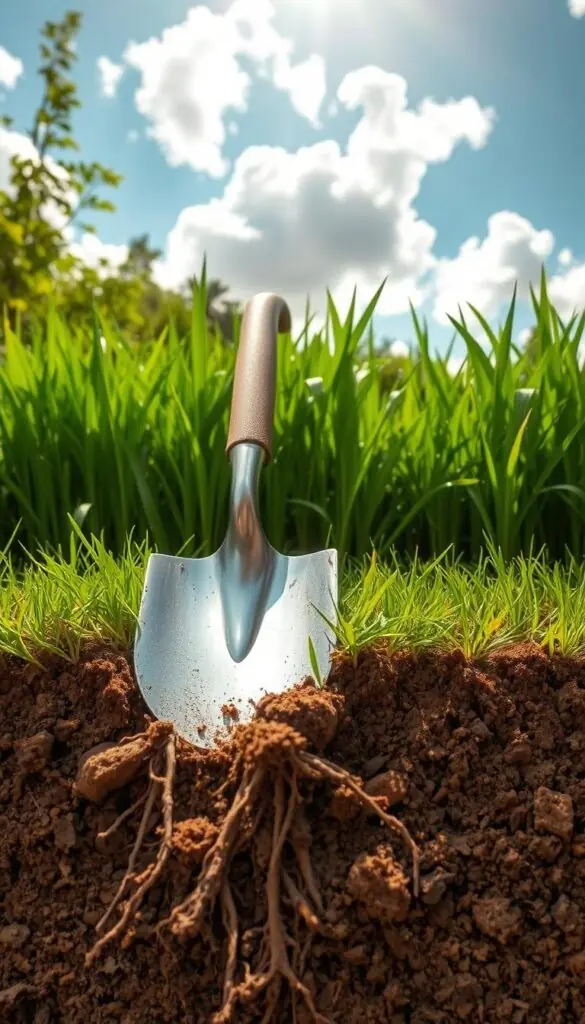 A lush green lawn with deep, healthy soil structure. Roots penetrate the ground, interlocking with soil particles to create a strong, resilient foundation. Sunlight filters through fluffy clouds, casting a warm, natural glow. In the foreground, a shovel lightly grazes the surface, revealing the rich, loamy texture - a testament to careful cultivation and preservation of the soil. Surrounding the scene, verdant vegetation and a clear blue sky convey a sense of balance, harmony, and environmental stewardship. This image captures the essence of protected soil structure, a vital element in preventing lawn compaction and maintaining a thriving, sustainable outdoor space.