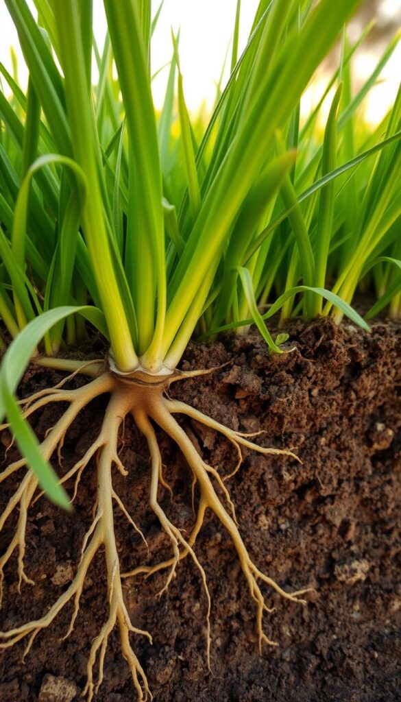 A lush, green lawn with deeply penetrating, healthy roots. The foreground shows the cross-section of a soil profile, revealing thick, fibrous roots that branch out from the base of a vivid green grass blade. The middle ground features a soft, textural soil bed, teeming with nutrients and microorganisms that nourish the roots. The background has a warm, golden-hour lighting, casting gentle shadows and highlighting the intricate root structure. Captured with a shallow depth of field, the image has a serene, almost microscopic quality, inviting the viewer to appreciate the hidden wonders of a well-aerated lawn.