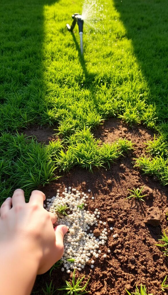 A lush, green lawn with patches of bare, damaged soil, highlighted by warm, natural lighting. In the foreground, a hand gently spreading grass seed over the affected areas, the soil moist and ready to receive the new growth. In the middle ground, a small garden hose slowly watering the repaired sections, the droplets glimmering in the sunlight. The background features a well-trimmed, healthy lawn, providing a contrast and inspiration for the restoration process. The scene conveys a sense of care, attention, and the promise of a vibrant, thriving lawn, ready to welcome playful pups.