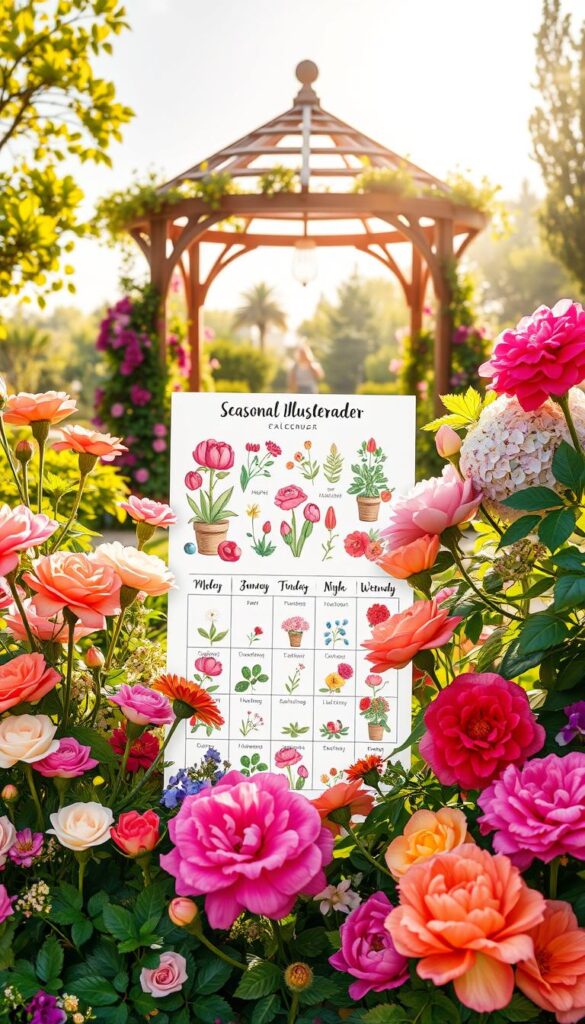 A lush, hand-illustrated seasonal planting calendar set against a warm, sunlit backdrop. In the foreground, a variety of vibrant flowers and plants in bloom, such as roses, peonies, and hydrangeas, arranged in a visually striking composition. The middle ground features a detailed calendar with illustrations of the appropriate plants for each season, rendered in a whimsical, botanical style. The background showcases a serene, sun-dappled garden scene, with a picturesque gazebo or trellis framing the image. The overall mood is one of abundance, harmony, and the natural rhythms of the changing seasons.
