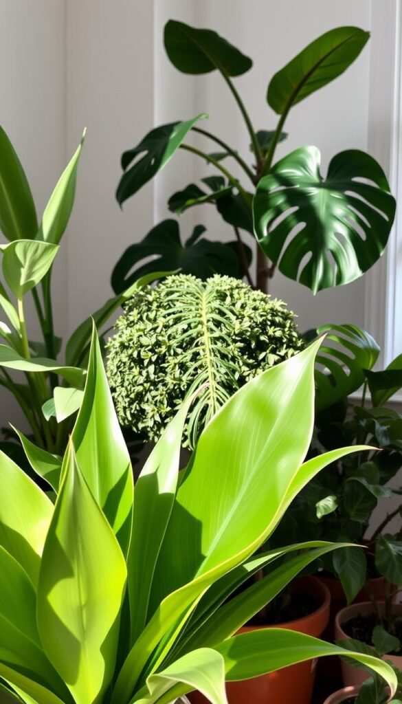 A lush, harmonious composition of potted plants, bathed in soft, natural light. In the foreground, a stylized snake plant with its architectural, sword-shaped leaves in shades of green. In the middle ground, a bushy, rounded monstera deliciosa with its distinctive perforated foliage. Behind them, a tall, slender fiddle-leaf fig tree reaching upwards, its broad, violin-shaped leaves creating depth and balance. The arrangement is artfully curated, showcasing the interplay of scale, shape, and texture, crafting a visually striking, yet calming indoor oasis.
