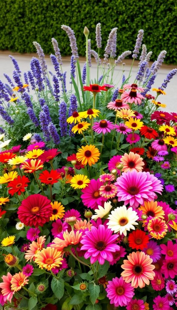 A lush, harmonious garden arrangement showcasing the contrast between vibrant perennials and delicate annuals. In the foreground, a mix of colorful blooms - bold dahlias, cascading petunias, and delicate cosmos - create a vibrant tapestry. The middle ground features a cluster of sturdy, long-lived perennials such as lavender, coneflowers, and rudbeckia, their foliage and flowers complementing the annuals. In the background, a soft-focus hedge or wall provides a neutral backdrop, allowing the flowers to take center stage. Warm, natural lighting bathes the scene, highlighting the texture and hues of the plants. The overall composition conveys a sense of balance, tranquility, and the beauty of a well-designed container garden. A lush, harmonious garden arrangement showcasing the contrast between vibrant perennials and delicate annuals. In the foreground, a mix of colorful blooms - bold dahlias, cascading petunias, and delicate cosmos - create a vibrant tapestry. The middle ground features a cluster of sturdy, long-lived perennials such as lavender, coneflowers, and rudbeckia, their foliage and flowers complementing the annuals. In the background, a soft-focus hedge or wall provides a neutral backdrop, allowing the flowers to take center stage. Warm, natural lighting bathes the scene, highlighting the texture and hues of the plants. The overall composition conveys a sense of balance, tranquility, and the beauty of a well-designed container garden.