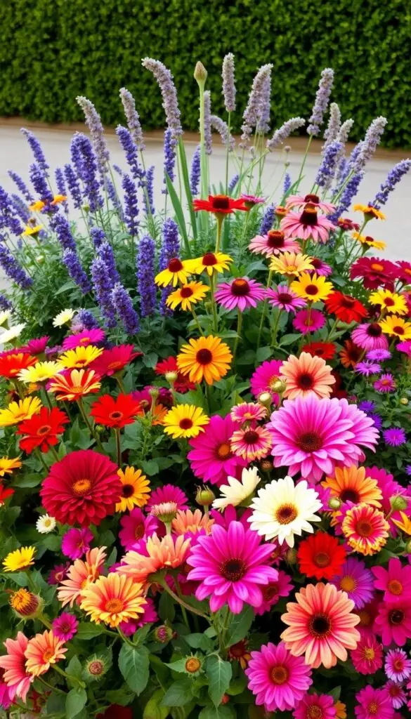 A lush, harmonious garden arrangement showcasing the contrast between vibrant perennials and delicate annuals. In the foreground, a mix of colorful blooms - bold dahlias, cascading petunias, and delicate cosmos - create a vibrant tapestry. The middle ground features a cluster of sturdy, long-lived perennials such as lavender, coneflowers, and rudbeckia, their foliage and flowers complementing the annuals. In the background, a soft-focus hedge or wall provides a neutral backdrop, allowing the flowers to take center stage. Warm, natural lighting bathes the scene, highlighting the texture and hues of the plants. The overall composition conveys a sense of balance, tranquility, and the beauty of a well-designed container garden. A lush, harmonious garden arrangement showcasing the contrast between vibrant perennials and delicate annuals. In the foreground, a mix of colorful blooms - bold dahlias, cascading petunias, and delicate cosmos - create a vibrant tapestry. The middle ground features a cluster of sturdy, long-lived perennials such as lavender, coneflowers, and rudbeckia, their foliage and flowers complementing the annuals. In the background, a soft-focus hedge or wall provides a neutral backdrop, allowing the flowers to take center stage. Warm, natural lighting bathes the scene, highlighting the texture and hues of the plants. The overall composition conveys a sense of balance, tranquility, and the beauty of a well-designed container garden.