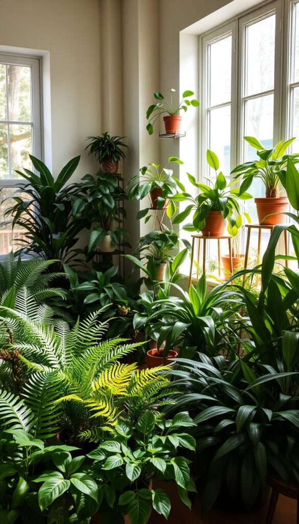 A lush, harmonious indoor oasis with a variety of potted plants arranged in a visually appealing, shade-friendly layout. Soft, diffused natural light filters through large windows, casting gentle shadows and creating a warm, inviting ambiance. In the foreground, a mix of low-light tolerant foliage plants like ferns, philodendrons, and ZZ plants are clustered together, their vibrant green hues and unique textures complementing each other. Strategically placed shelves and plant stands in the middle ground hold additional potted plants, seamlessly integrating them into the overall design. The background features a subtle, neutral-toned wall palette that allows the greenery to take center stage, creating a serene, nature-inspired setting perfect for an article on indoor plants that thrive in shade. A lush, harmonious indoor oasis with a variety of potted plants arranged in a visually appealing, shade-friendly layout. Soft, diffused natural light filters through large windows, casting gentle shadows and creating a warm, inviting ambiance. In the foreground, a mix of low-light tolerant foliage plants like ferns, philodendrons, and ZZ plants are clustered together, their vibrant green hues and unique textures complementing each other. Strategically placed shelves and plant stands in the middle ground hold additional potted plants, seamlessly integrating them into the overall design. The background features a subtle, neutral-toned wall palette that allows the greenery to take center stage, creating a serene, nature-inspired setting perfect for an article on indoor plants that thrive in shade.