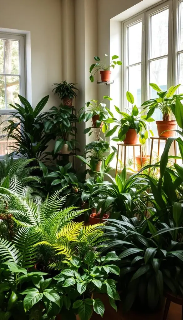 A lush, harmonious indoor oasis with a variety of potted plants arranged in a visually appealing, shade-friendly layout. Soft, diffused natural light filters through large windows, casting gentle shadows and creating a warm, inviting ambiance. In the foreground, a mix of low-light tolerant foliage plants like ferns, philodendrons, and ZZ plants are clustered together, their vibrant green hues and unique textures complementing each other. Strategically placed shelves and plant stands in the middle ground hold additional potted plants, seamlessly integrating them into the overall design. The background features a subtle, neutral-toned wall palette that allows the greenery to take center stage, creating a serene, nature-inspired setting perfect for an article on indoor plants that thrive in shade. A lush, harmonious indoor oasis with a variety of potted plants arranged in a visually appealing, shade-friendly layout. Soft, diffused natural light filters through large windows, casting gentle shadows and creating a warm, inviting ambiance. In the foreground, a mix of low-light tolerant foliage plants like ferns, philodendrons, and ZZ plants are clustered together, their vibrant green hues and unique textures complementing each other. Strategically placed shelves and plant stands in the middle ground hold additional potted plants, seamlessly integrating them into the overall design. The background features a subtle, neutral-toned wall palette that allows the greenery to take center stage, creating a serene, nature-inspired setting perfect for an article on indoor plants that thrive in shade.