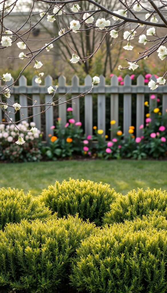 A lush, healthy garden scene with a well-pruned shrub arrangement in the foreground. The shrubs are a mix of evergreen and flowering varieties, their branches gently swaying in a soft spring breeze. The middle ground features a neatly manicured lawn, and in the background, a picturesque wooden fence frames a blooming floral border. Soft, diffused natural lighting illuminates the scene, creating a warm, inviting atmosphere. The overall composition emphasizes the thoughtful curation and maintenance of a thriving, Pinterest-worthy spring garden.