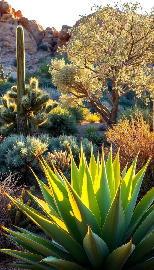A lush, heat-tolerant landscape featuring a vibrant assortment of drought-resistant shrubs and small trees. In the foreground, a sculptural agave plant with its distinctive spiky leaves, bathed in warm, golden sunlight. Behind it, a tall, evergreen prickly pear cactus stands tall, its pads casting dynamic shadows. In the middle ground, a drought-tolerant olive tree with its gnarled, silvery trunk and delicate, gray-green foliage. Further back, a majestic desert willow tree in full bloom, its delicate pink flowers swaying gently in a light breeze. The scene is set against a backdrop of rugged, sun-baked rock formations, creating a harmonious, natural atmosphere. The lighting is naturalistic, with diffused, high-contrast illumination that highlights the textures and colors of the plants. Captured with a wide-angle lens to convey a sense of depth and scale. A lush, heat-tolerant landscape featuring a vibrant assortment of drought-resistant shrubs and small trees. In the foreground, a sculptural agave plant with its distinctive spiky leaves, bathed in warm, golden sunlight. Behind it, a tall, evergreen prickly pear cactus stands tall, its pads casting dynamic shadows. In the middle ground, a drought-tolerant olive tree with its gnarled, silvery trunk and delicate, gray-green foliage. Further back, a majestic desert willow tree in full bloom, its delicate pink flowers swaying gently in a light breeze. The scene is set against a backdrop of rugged, sun-baked rock formations, creating a harmonious, natural atmosphere. The lighting is naturalistic, with diffused, high-contrast illumination that highlights the textures and colors of the plants. Captured with a wide-angle lens to convey a sense of depth and scale.