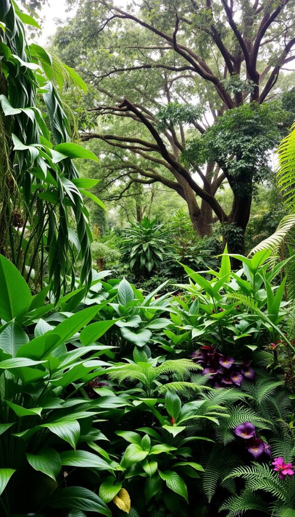 A lush, humidity-rich garden oasis with cascading foliage and vibrant, verdant hues. In the foreground, a diverse arrangement of tall, broad-leaved plants such as elephant ears, philodendrons, and monstera, their leaves gently swaying in the moist air. The middle ground features a mix of ferns, begonias, and other shade-loving species, creating a layered, three-dimensional effect. In the background, a canopy of mature trees filters the sunlight, casting a warm, diffused glow over the scene. The atmosphere is tranquil and enveloping, evoking a sense of tropical seclusion and high-humidity serenity.
