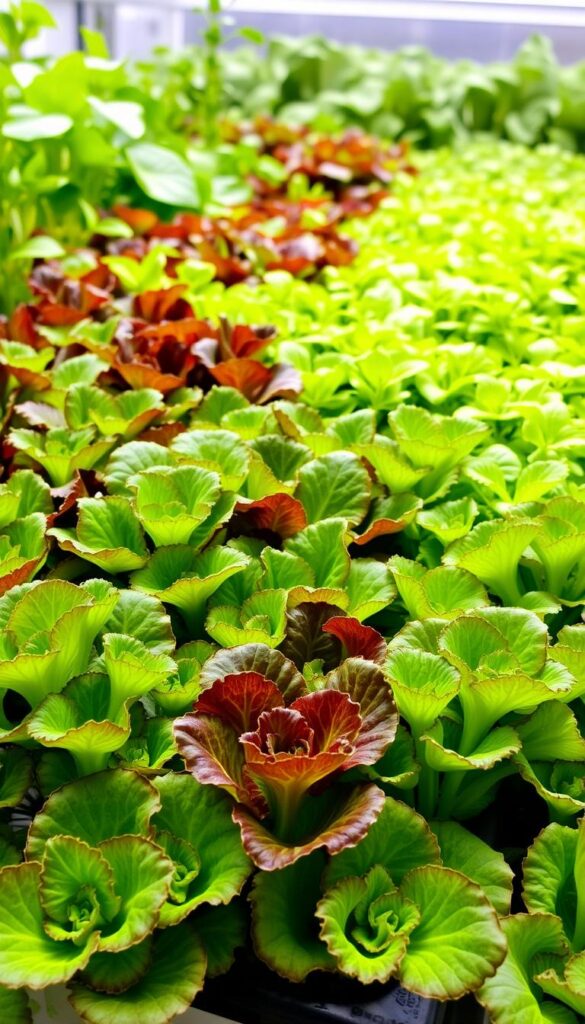 A lush, hydroponic indoor garden filled with vibrant green lettuce leaves. In the foreground, delicate baby leaf lettuce varieties sprout from soil-free planters, their edges tinged with deep purple and ruby-red hues. In the middle ground, miniature romaine and butterhead lettuce heads stand tall, their crisp, curly textures catching the soft, diffused lighting from above. In the background, a verdant mix of leafy greens in shades of emerald, lime, and jade fill the frame, creating a visually captivating, color-rich scene. The lighting is natural and soothing, with a slight vignette effect that draws the eye inward. The overall mood is one of fresh, organic abundance, perfect for an indoor winter vegetable garden. A lush, hydroponic indoor garden filled with vibrant green lettuce leaves. In the foreground, delicate baby leaf lettuce varieties sprout from soil-free planters, their edges tinged with deep purple and ruby-red hues. In the middle ground, miniature romaine and butterhead lettuce heads stand tall, their crisp, curly textures catching the soft, diffused lighting from above. In the background, a verdant mix of leafy greens in shades of emerald, lime, and jade fill the frame, creating a visually captivating, color-rich scene. The lighting is natural and soothing, with a slight vignette effect that draws the eye inward. The overall mood is one of fresh, organic abundance, perfect for an indoor winter vegetable garden.
