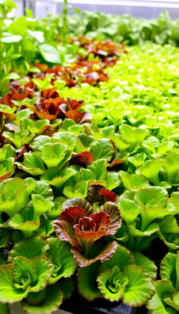 A lush, hydroponic indoor garden filled with vibrant green lettuce leaves. In the foreground, delicate baby leaf lettuce varieties sprout from soil-free planters, their edges tinged with deep purple and ruby-red hues. In the middle ground, miniature romaine and butterhead lettuce heads stand tall, their crisp, curly textures catching the soft, diffused lighting from above. In the background, a verdant mix of leafy greens in shades of emerald, lime, and jade fill the frame, creating a visually captivating, color-rich scene. The lighting is natural and soothing, with a slight vignette effect that draws the eye inward. The overall mood is one of fresh, organic abundance, perfect for an indoor winter vegetable garden. A lush, hydroponic indoor garden filled with vibrant green lettuce leaves. In the foreground, delicate baby leaf lettuce varieties sprout from soil-free planters, their edges tinged with deep purple and ruby-red hues. In the middle ground, miniature romaine and butterhead lettuce heads stand tall, their crisp, curly textures catching the soft, diffused lighting from above. In the background, a verdant mix of leafy greens in shades of emerald, lime, and jade fill the frame, creating a visually captivating, color-rich scene. The lighting is natural and soothing, with a slight vignette effect that draws the eye inward. The overall mood is one of fresh, organic abundance, perfect for an indoor winter vegetable garden.