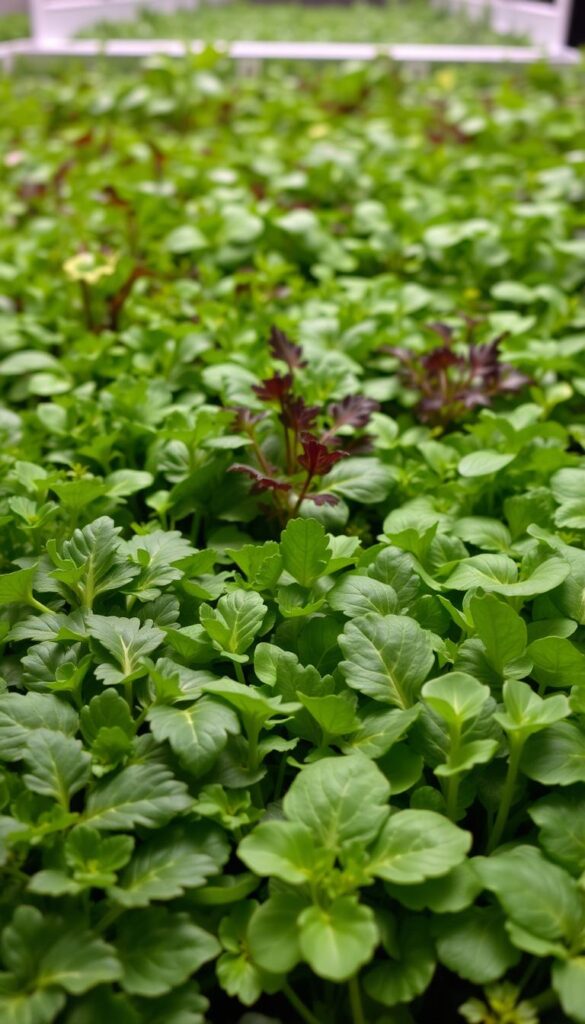 A lush indoor garden filled with vibrant brassica greens. In the foreground, a tightly-packed arrangement of deep green arugula, feathery mizuna, round tatsoi leaves, and slender komatsuna stems. The middle ground showcases the plants in various stages of growth, with some reaching maturity. Soft, even lighting from above gently illuminates the scene, casting subtle shadows that accentuate the textures and shapes of the greens. The background is blurred, hinting at the cozy, climate-controlled indoor environment where these hardy winter vegetables thrive year-round, ready to be harvested and enjoyed. A lush indoor garden filled with vibrant brassica greens. In the foreground, a tightly-packed arrangement of deep green arugula, feathery mizuna, round tatsoi leaves, and slender komatsuna stems. The middle ground showcases the plants in various stages of growth, with some reaching maturity. Soft, even lighting from above gently illuminates the scene, casting subtle shadows that accentuate the textures and shapes of the greens. The background is blurred, hinting at the cozy, climate-controlled indoor environment where these hardy winter vegetables thrive year-round, ready to be harvested and enjoyed.