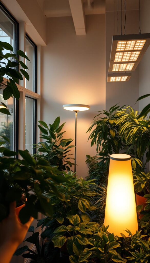 A lush indoor garden flooded with warm, natural lighting from large windows. In the foreground, verdant potted plants thrive under the glow of discrete overhead grow lights, their leaves casting intricate shadows across the sleek, minimalist shelving. In the middle ground, an elegant floor lamp radiates a soft, diffused illumination, creating a serene and inviting atmosphere. The background features a serene, neutral-toned wall, allowing the vibrant foliage to take center stage. Crisp, high-resolution photography captures the scene, emphasizing the synergy between natural and artificial light sources for year-round plant growth.